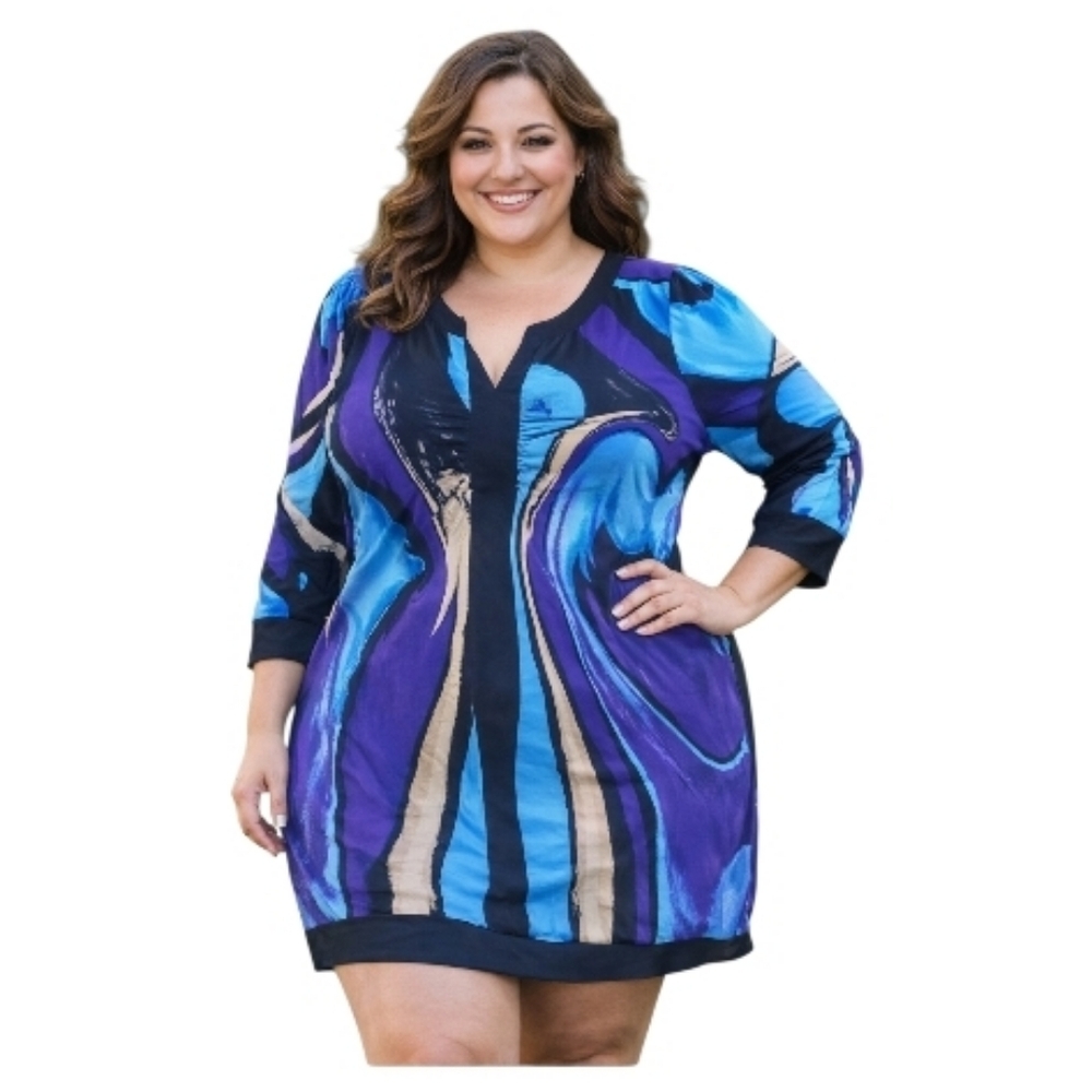 Style & Co turquoise purple v neck 3/4 sleeve black xl stretch dress